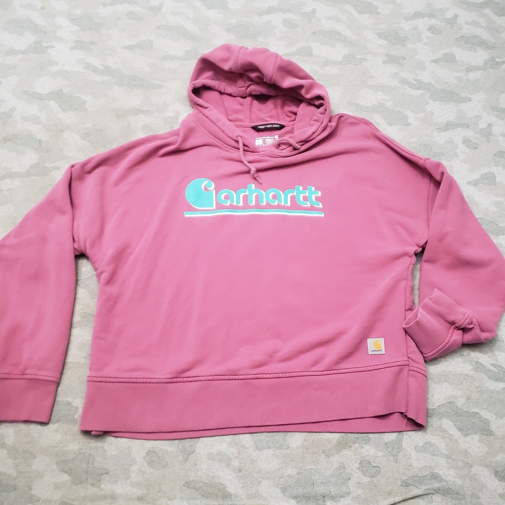 Carhartt Sweatshirt Women XL Pink Loose Fit Hooded Pullover Workwear Outdoors